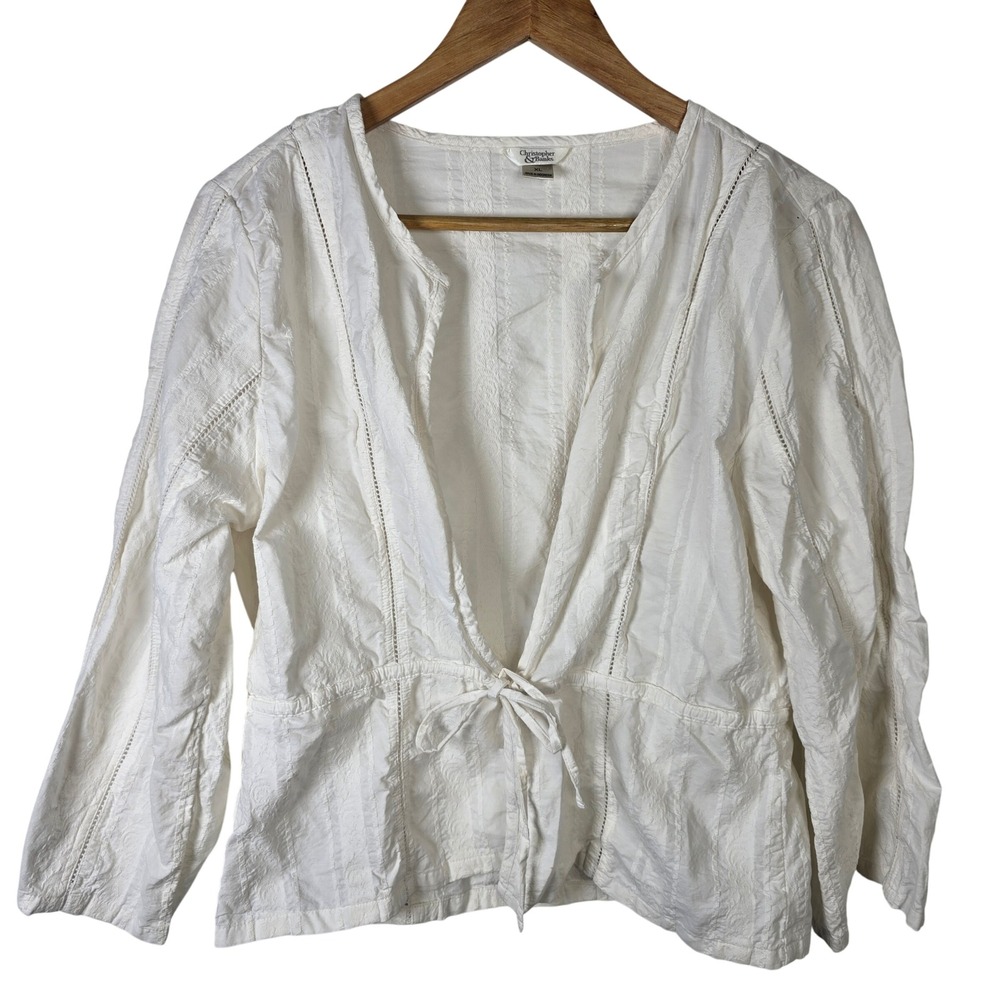 Christopher & Banks White Cotton Jacket XL Embroidered Boho‎ Hippie Festival
